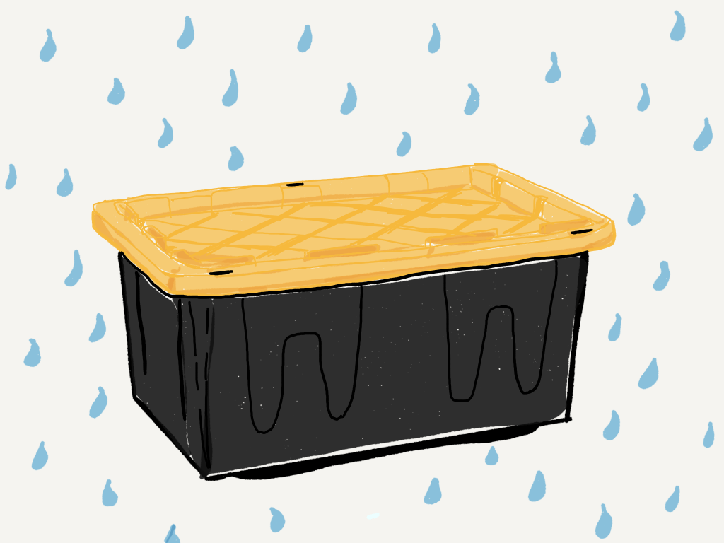 A drawing of a black heavy duty plastic storage trunk with a yellow lid surrounded by falling tear drops 